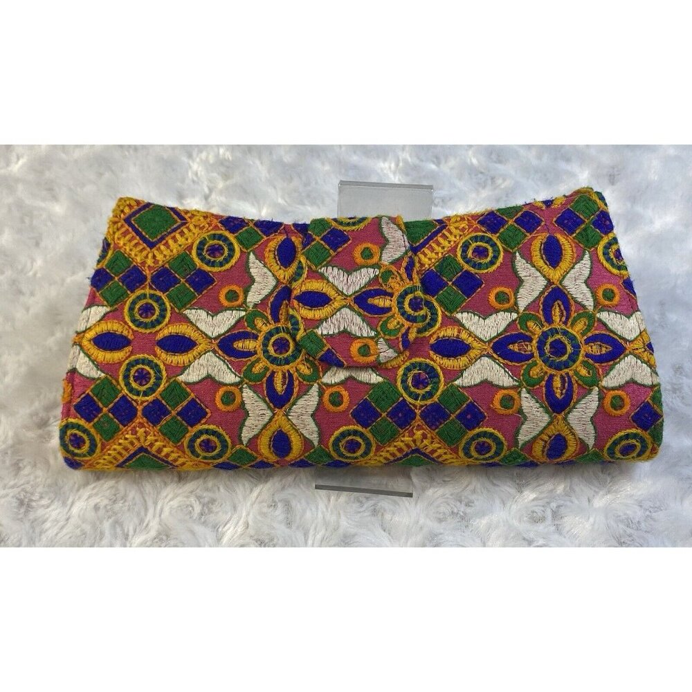 Mahavir Bandhani Embroidered Hard Side Clutch Magnetic Snap Outer Inner Closure